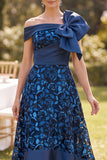 Off the Shoulder Navy High Low Satin Lace A-Line Mother of the Bride Dress with Large Bow