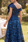 Off the Shoulder Navy High Low Satin Lace A-Line Mother of the Bride Dress with Large Bow