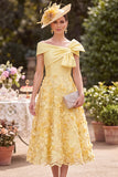 Asymmetrical Off the Shoulder Yellow Pearls Satin Embroidery A-Line Mother of the Bride Dress