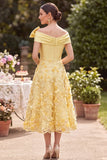 Asymmetrical Off the Shoulder Yellow Pearls Satin Embroidery A-Line Mother of the Bride Dress