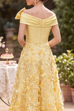 Asymmetrical Off the Shoulder Yellow Pearls Satin Embroidery A-Line Mother of the Bride Dress