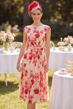 Red Bateau Neck Cap Sleeves Floral Printed A-Line Midi Mother of the Bride Dress