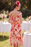 Red Bateau Neck Cap Sleeves Floral Printed A-Line Midi Mother of the Bride Dress