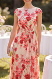 Red Bateau Neck Cap Sleeves Floral Printed A-Line Midi Mother of the Bride Dress
