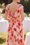 Red Bateau Neck Cap Sleeves Floral Printed A-Line Midi Mother of the Bride Dress