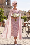 Pink Sequins Cowl Neck Sheath Midi Mother of the Bride Dress with Chiffon Cape