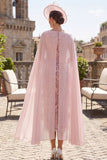 Pink Sequins Cowl Neck Sheath Midi Mother of the Bride Dress with Chiffon Cape
