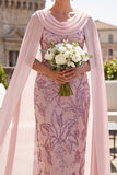 Pink Sequins Cowl Neck Sheath Midi Mother of the Bride Dress with Chiffon Cape
