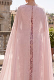 Pink Sequins Cowl Neck Sheath Midi Mother of the Bride Dress with Chiffon Cape