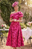 Asymmetrical Fuchsia One Shoulder Ruched A-Line Printed Mother of the Bride Dress