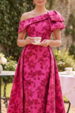 Asymmetrical Fuchsia One Shoulder Ruched A-Line Printed Mother of the Bride Dress