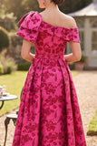 Asymmetrical Fuchsia One Shoulder Ruched A-Line Printed Mother of the Bride Dress