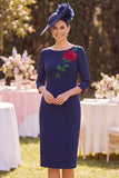 Navy Bateau Neck Sheath Appliques 3/4 Sleeves Midi Mother of the Bride Dress
