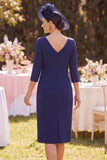 Navy Bateau Neck Sheath Appliques 3/4 Sleeves Midi Mother of the Bride Dress
