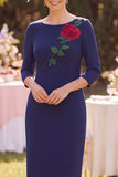 Navy Bateau Neck Sheath Appliques 3/4 Sleeves Midi Mother of the Bride Dress