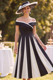 Off the Shoulder Black White A-Line Ruched Midi Mother of the Bride Dress