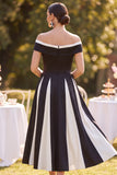 Off the Shoulder Black White A-Line Ruched Midi Mother of the Bride Dress