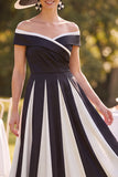 Off the Shoulder Black White A-Line Ruched Midi Mother of the Bride Dress