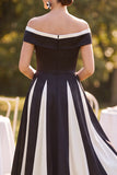 Off the Shoulder Black White A-Line Ruched Midi Mother of the Bride Dress
