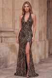 Halter V-Neck Black Sheath Sequins Long Prom Dress with High Side Slit