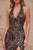 Halter V-Neck Black Sheath Sequins Long Prom Dress with High Side Slit