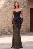 Black Mermaid Corset Sequins Strapless Long Prom Dress with Oversized Satin Bow