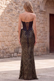 Black Mermaid Corset Sequins Strapless Long Prom Dress with Oversized Satin Bow