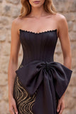 Black Mermaid Corset Sequins Strapless Long Prom Dress with Oversized Satin Bow