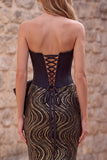 Black Mermaid Corset Sequins Strapless Long Prom Dress with Oversized Satin Bow