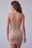 Champagne Velvet Sequins Appliques Strapless Ruched Bodycon Short Cocktail Dress