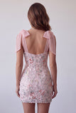 Blush Sequins Embroidery Thick Straps Bodycon Short Cocktail Dress