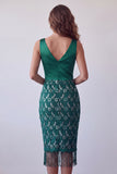 Dark Green Satin V-Neck Bodycon Lace Midi Cocktail Dress with Fringes