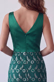 Dark Green Satin V-Neck Bodycon Lace Midi Cocktail Dress with Fringes