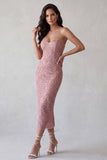 Pink Sequins Bodycon Strapless Long Cocktail Dress with Back Slit