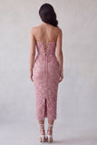 Pink Sequins Bodycon Strapless Long Cocktail Dress with Back Slit