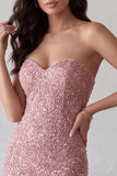 Pink Sequins Bodycon Strapless Long Cocktail Dress with Back Slit
