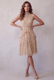 Champagne Tiered Ruffled High Neck Sleeveless Midi Cocktail Dress with Sequins