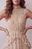 Champagne Tiered Ruffled High Neck Sleeveless Midi Cocktail Dress with Sequins