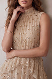 Champagne Tiered Ruffled High Neck Sleeveless Midi Cocktail Dress with Sequins