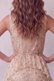 Champagne Tiered Ruffled High Neck Sleeveless Midi Cocktail Dress with Sequins
