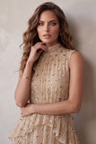 Champagne Tiered Ruffled High Neck Sleeveless Midi Cocktail Dress with Sequins