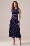 Navy A-Line Bateau Neck Printed Velvet Midi Cocktail Dress with Cut Out