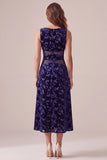 Navy A-Line Bateau Neck Printed Velvet Midi Cocktail Dress with Cut Out