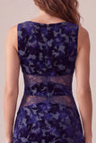 Navy A-Line Bateau Neck Printed Velvet Midi Cocktail Dress with Cut Out