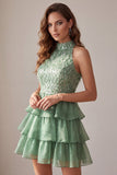 Green Tiered Ruffle High Neck A-Line Short Cocktail Dress with Fringes