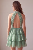Green Tiered Ruffle High Neck A-Line Short Cocktail Dress with Fringes
