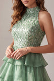 Green Tiered Ruffle High Neck A-Line Short Cocktail Dress with Fringes