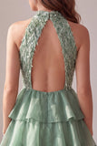 Green Tiered Ruffle High Neck A-Line Short Cocktail Dress with Fringes