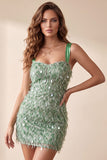 Square Neck Green Bodycon Feathered Short Cocktail Dress with Sequins