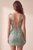 Square Neck Green Bodycon Feathered Short Cocktail Dress with Sequins
